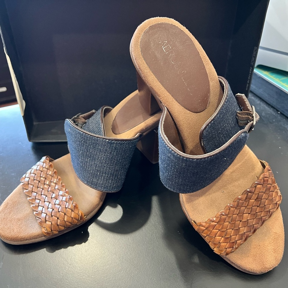 AEROSOLES Brown and Blue Mules with Denim and Leather